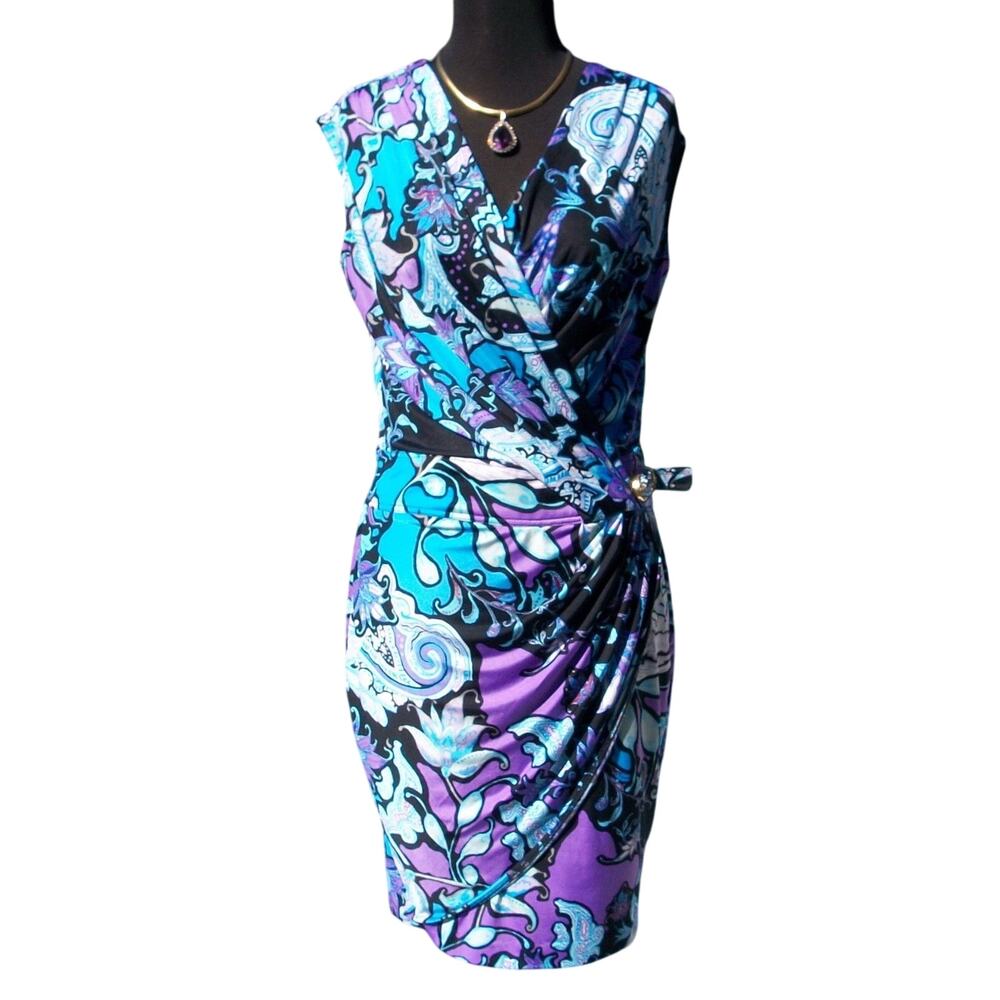Cache Multi Faux Wrap Dress Stretch Self Belt Design Plunging V Lined NWT $168